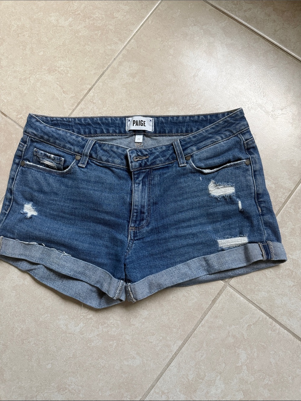 PAIGE Medium Blue Distressed Rolled Hem Denim Shorts